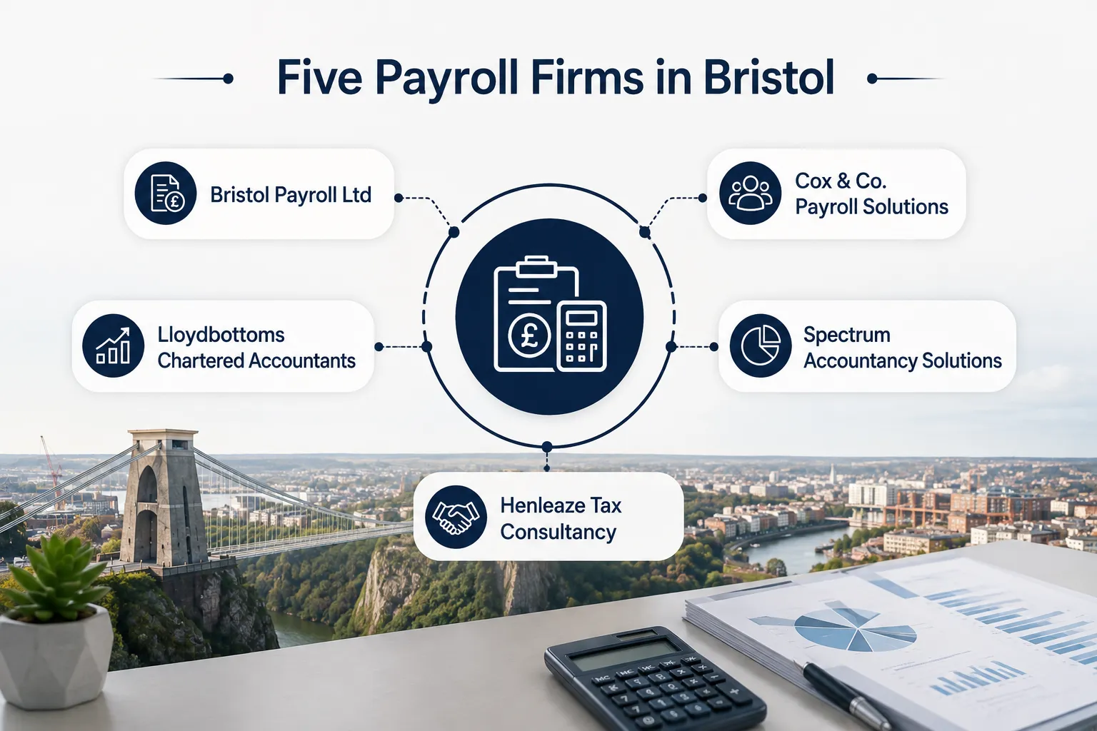 Infographic of five payroll firms in Bristol UK with Clifton Suspension Bridge and accounting workspace background.