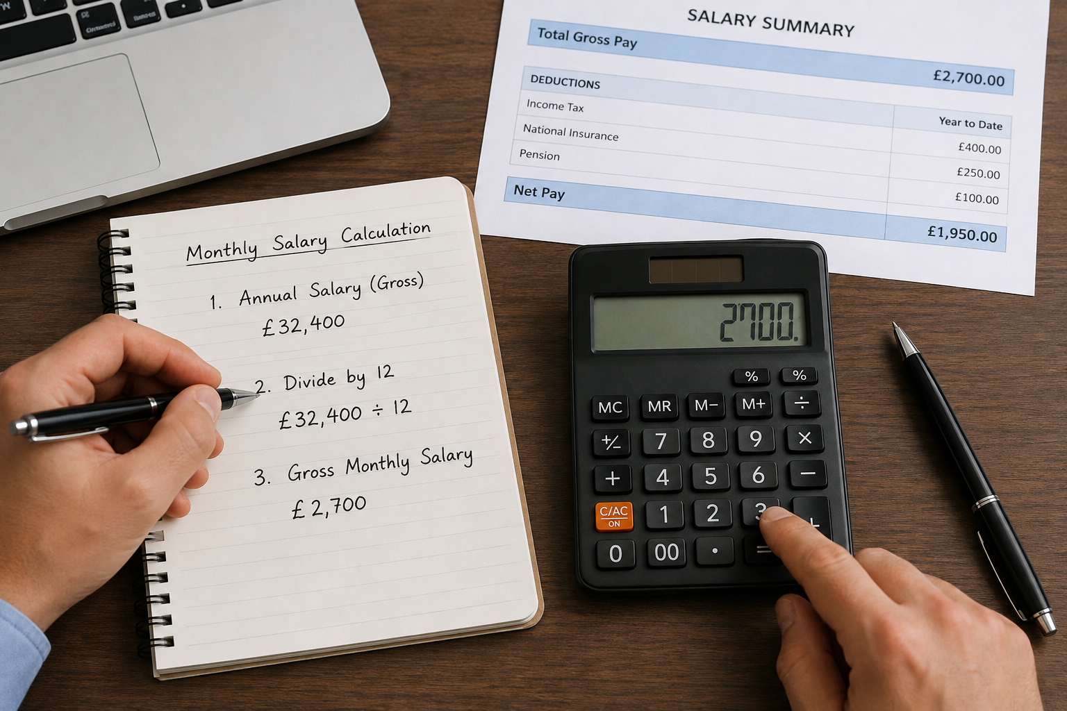 Monthly salary calculation showing annual salary divided by 12 to find gross monthly pay