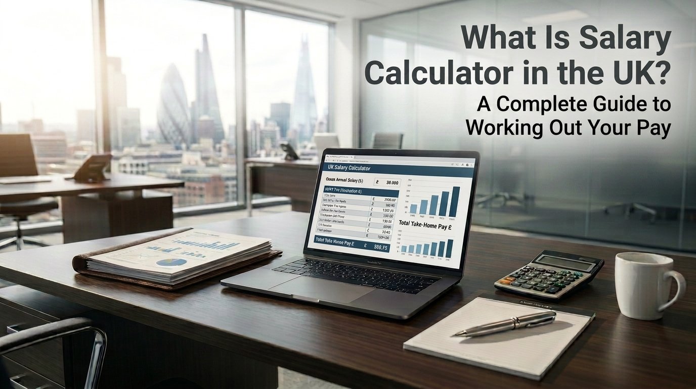 Laptop showing a UK salary calculator, illustrating this guide to how UK take home pay is worked out