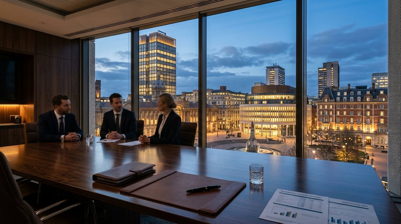 Top 10 accounting firms in Birmingham - executive boardroom overlooking Chamberlain Square and Birmingham commercial district