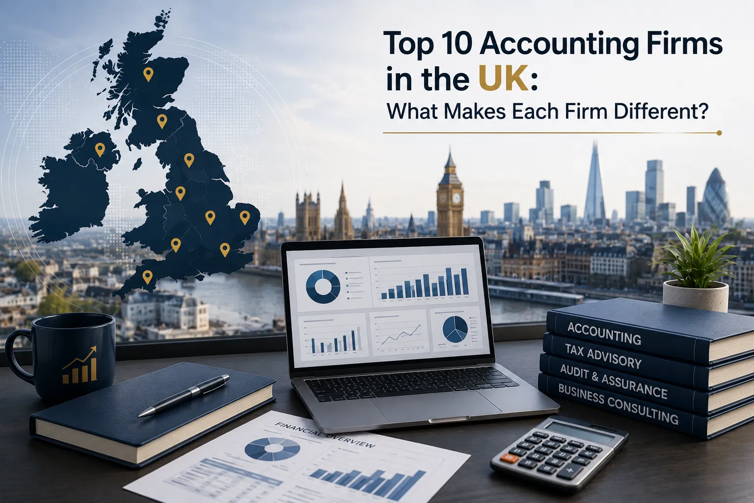 Featured image for top 10 accounting firms in the UK, with London skyline, UK map and professional accounting workspace