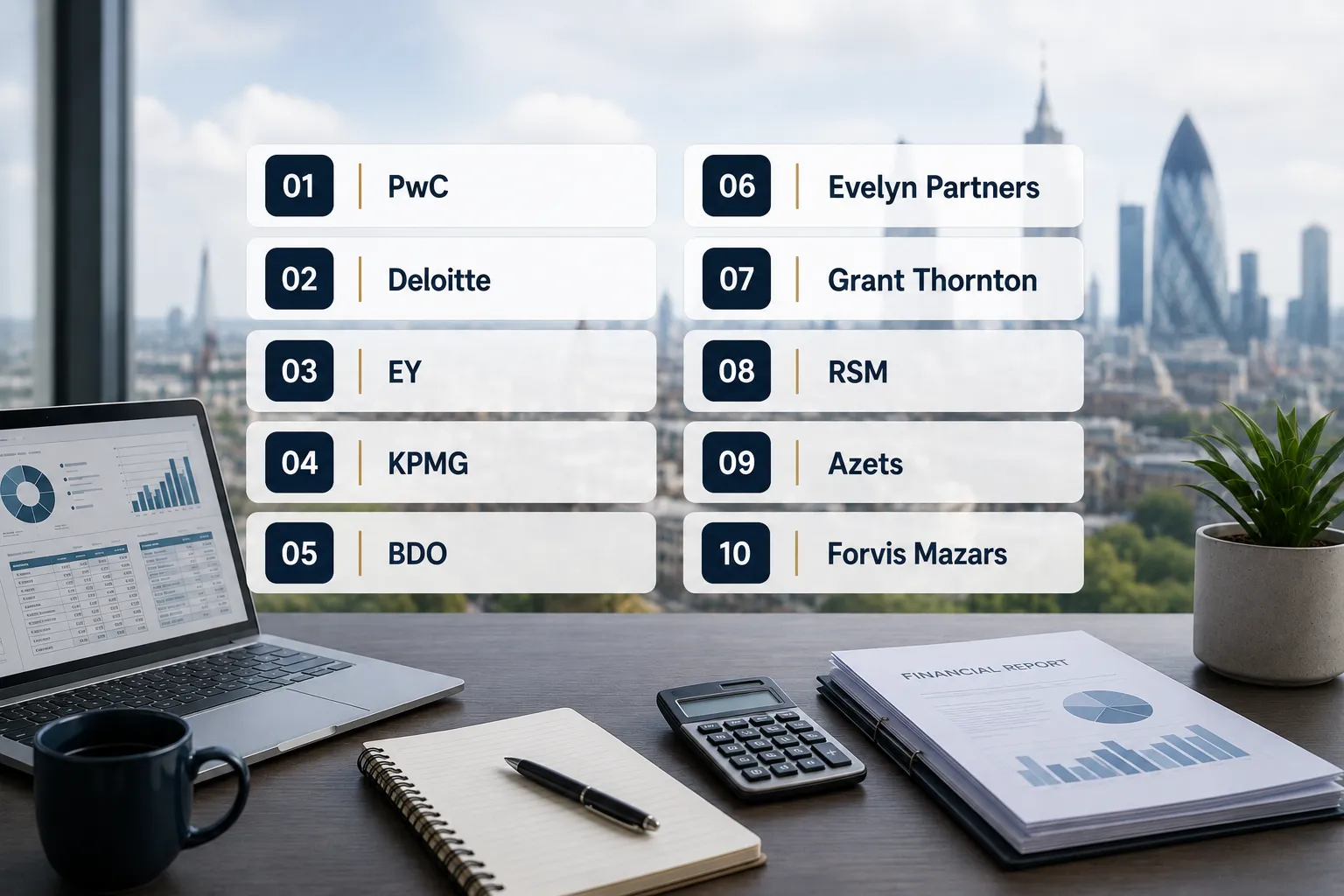 Top 10 accounting firms in the UK, including PwC, Deloitte, EY, KPMG, BDO, RSM, Azets and Forvis Mazars