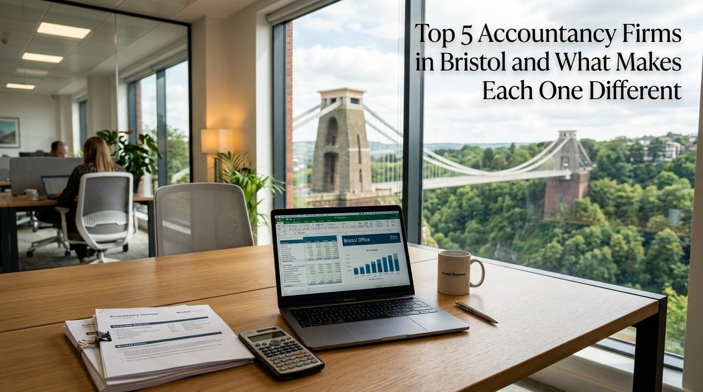 Featured image for top 5 accountancy firms in Bristol, with a professional office, laptop and Clifton Suspension Bridge